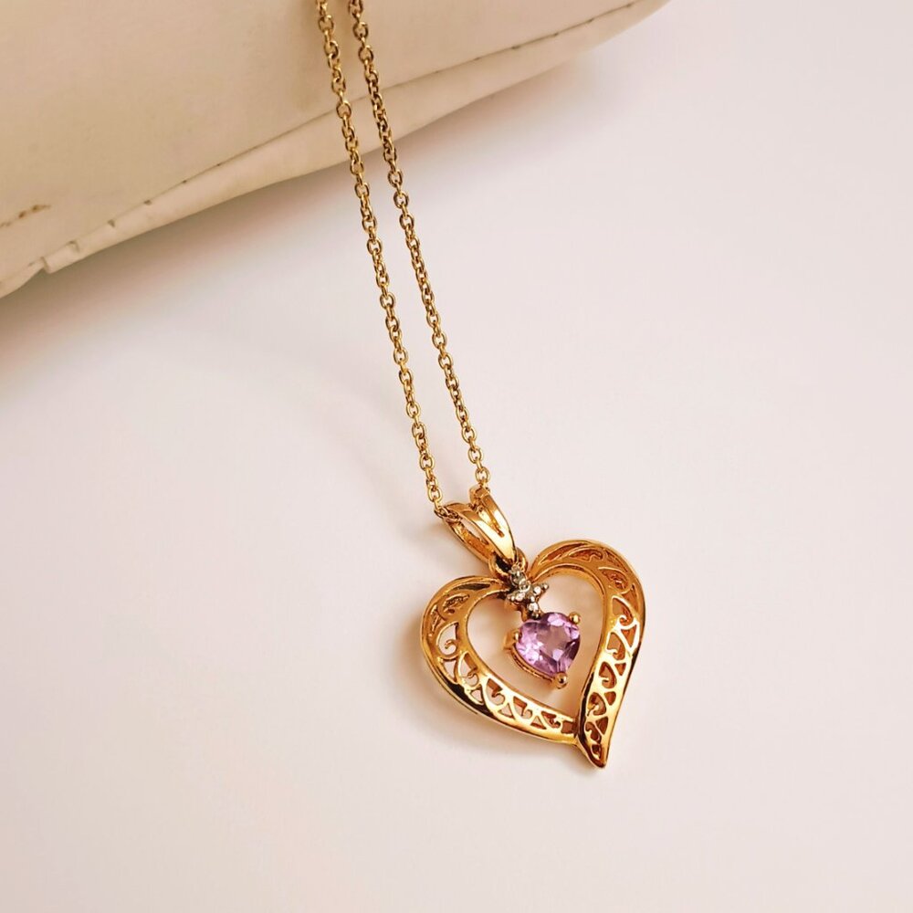 925 Filigree Heart Necklace 18" Sterling Silver Floating Purple Heart Stone